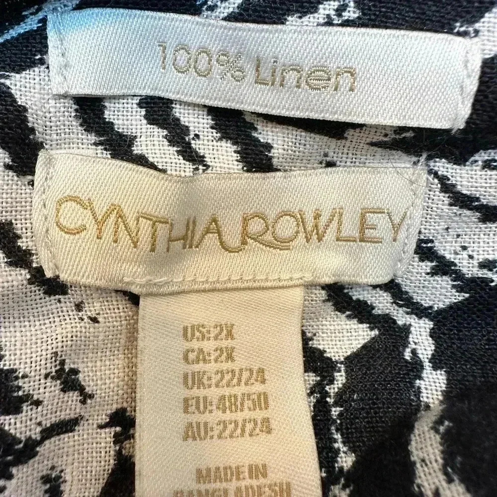 Cynthia Rowley Button Down 100% Linen Tunic Blouse Plus Size 2X Black & Cream - Picture 9 of 10